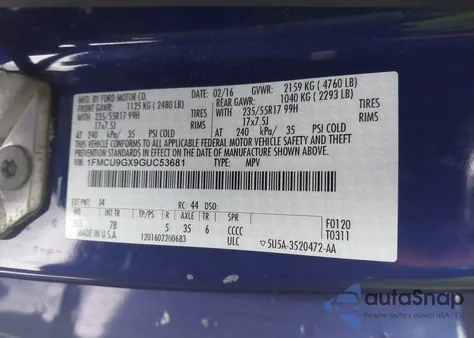 2016 Ford Escape Se from USA, damaged, VIN 1FMCU9GX9GUC53681